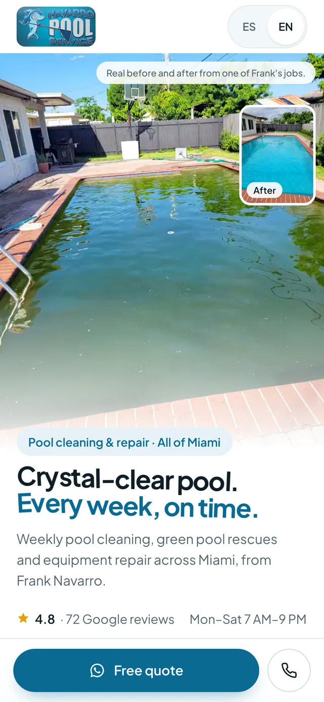 The top of navarropool.com on a phone: Crystal-clear pool. Every week, on time. With a free quote button