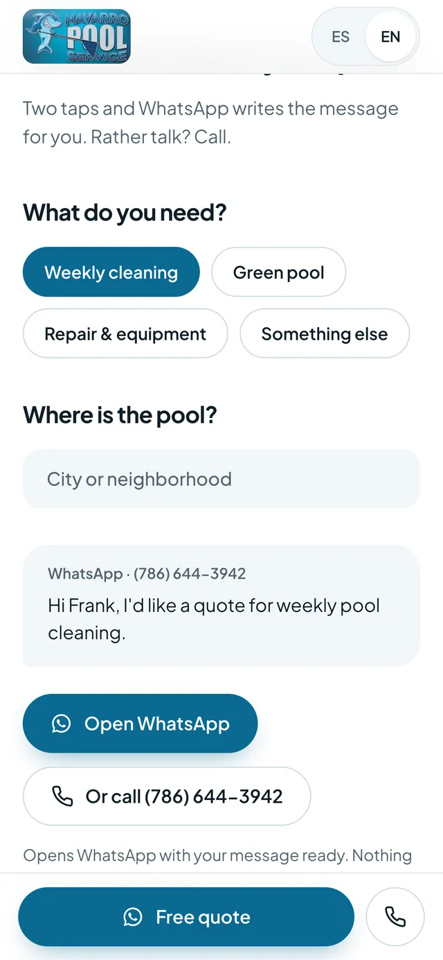 navarropool.com live: customers pick what they need and send Frank a quote request on WhatsApp