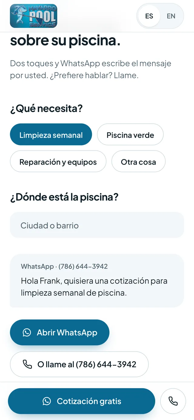 navarropool.com en línea: el cliente elige lo que necesita y le manda a Frank un pedido de cotización por WhatsApp