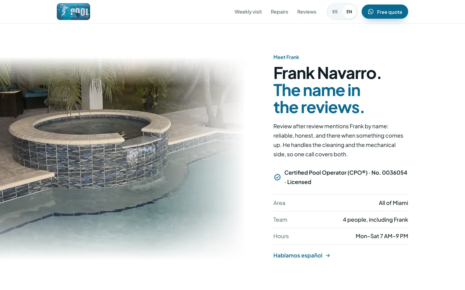Navarro POOL's Meet Frank section: Frank Navarro, the name in the reviews, beside his pool at night