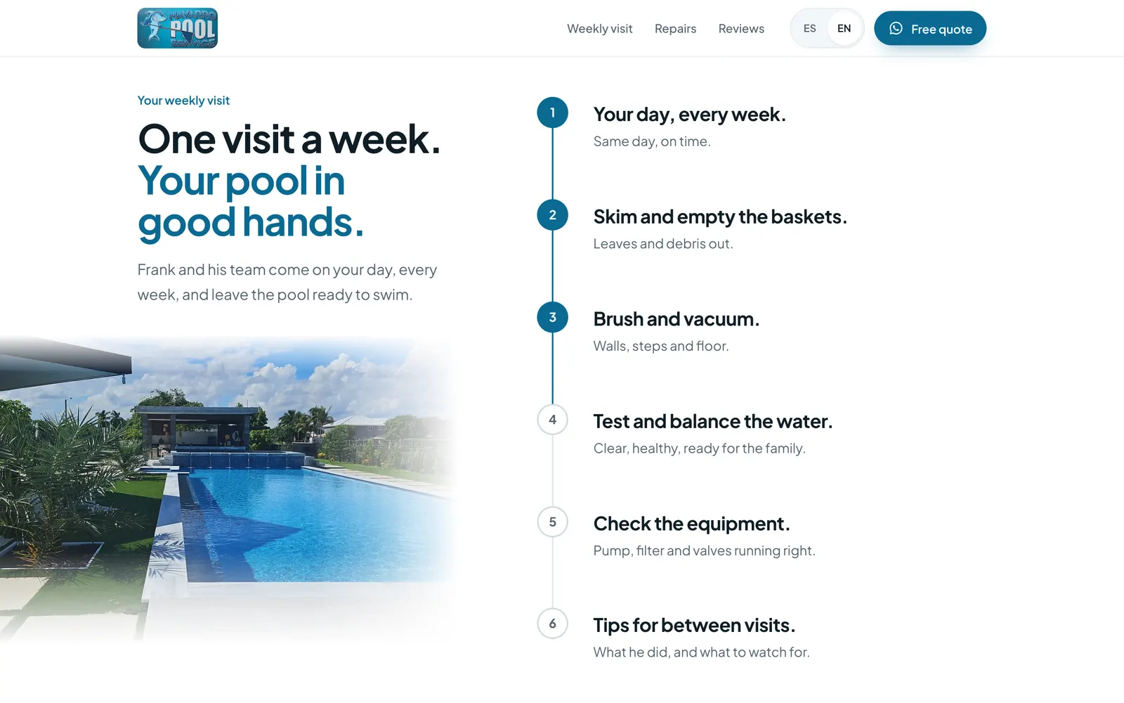 Navarro POOL's weekly visit section: One visit a week, your pool in good hands, with the visit as a step-by-step timeline