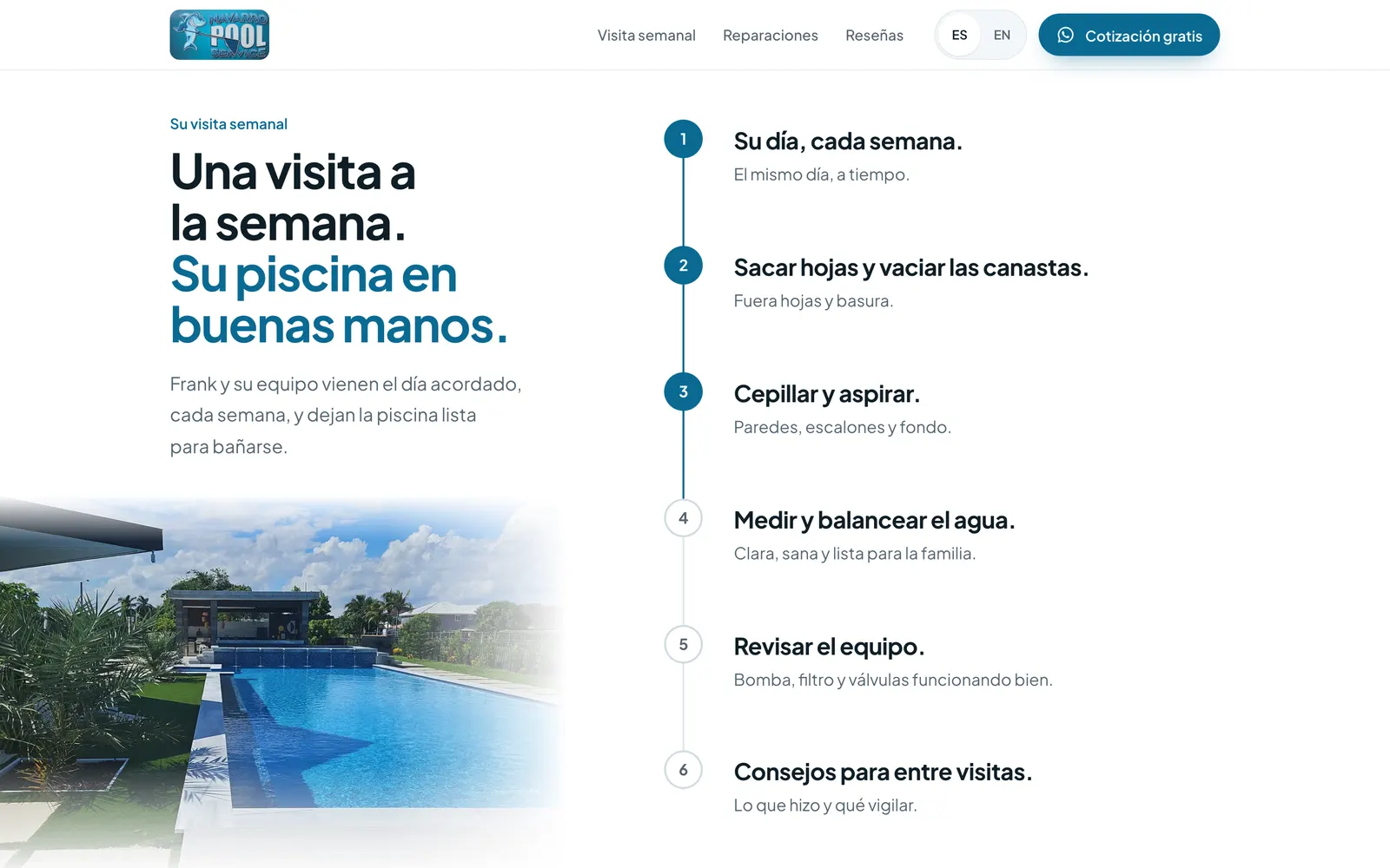 La sección de la visita semanal de Navarro POOL: Una visita a la semana, su piscina en buenas manos, con la visita paso a paso