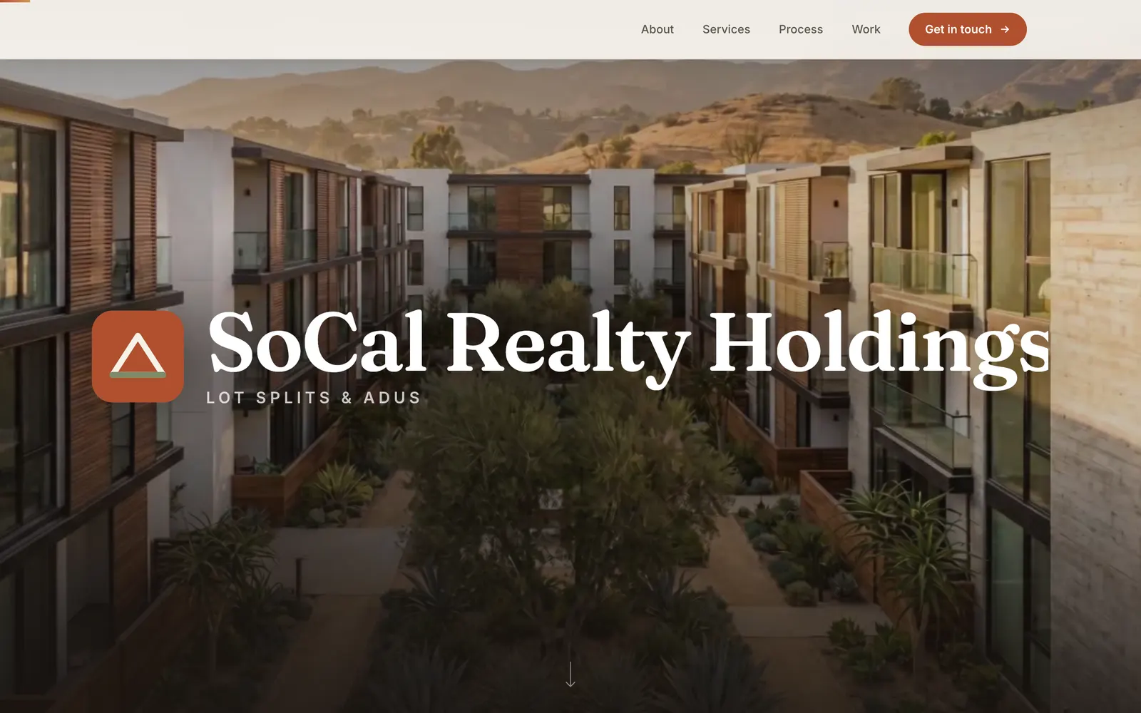 SoCal Realty Holdings' opening scene: the name and headline over new homes in the hills