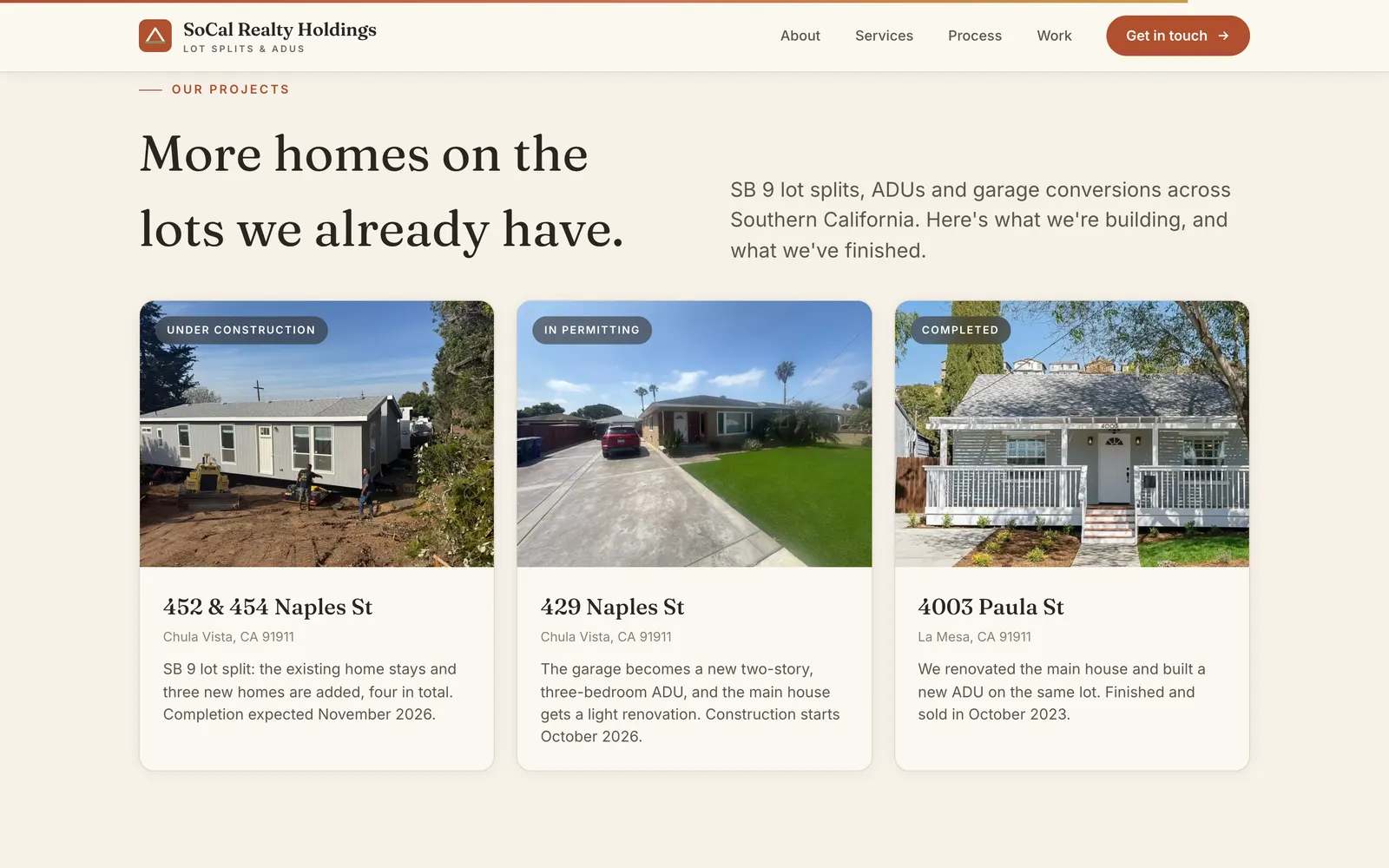 SoCal Realty Holdings' projects: three real properties with photos, from under construction to completed